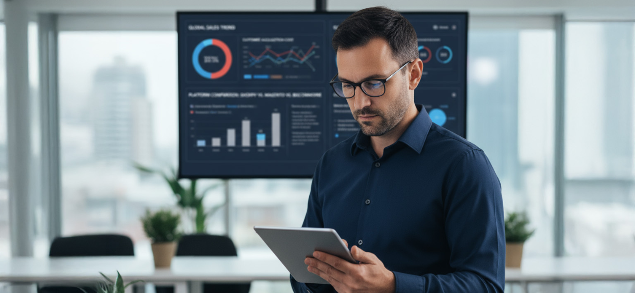 Mężczyzna trzymający tablet na tle monitora komputerowego