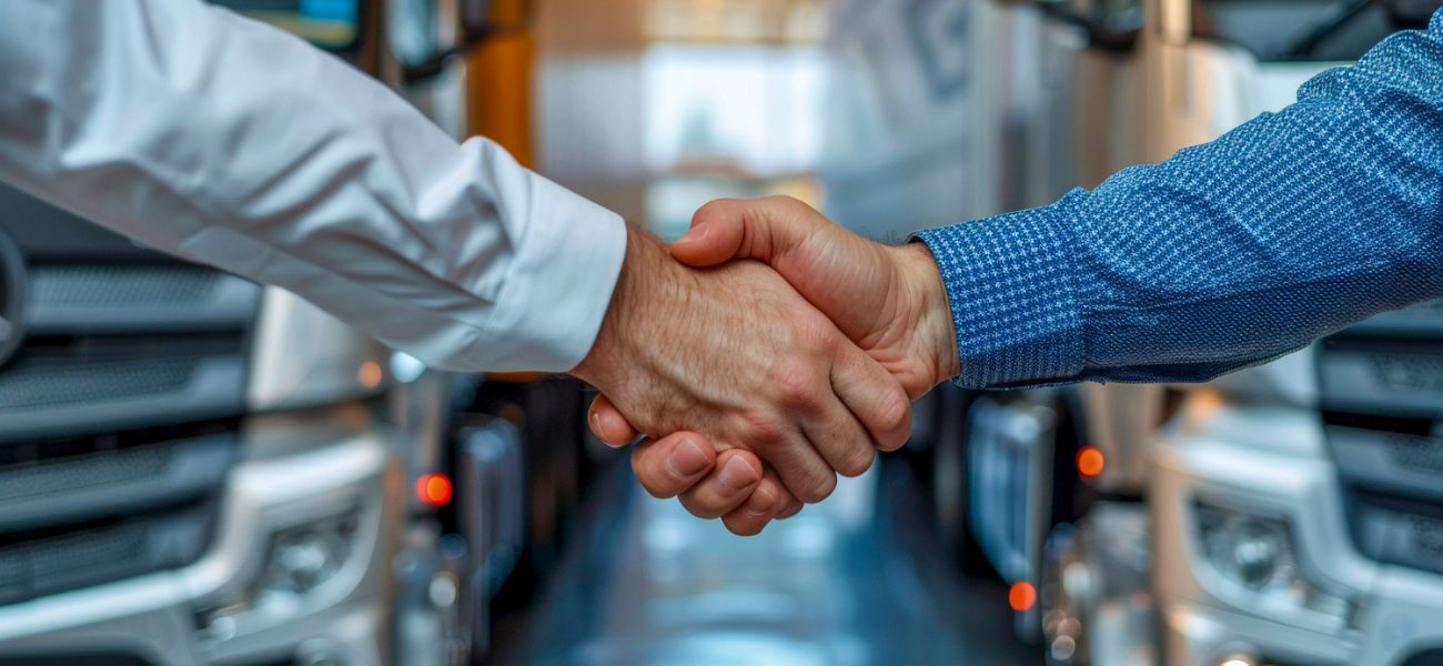 ilustracja przedstawiająca uścisk dłoni na tle ciężarówek symbolizujących logistykę
