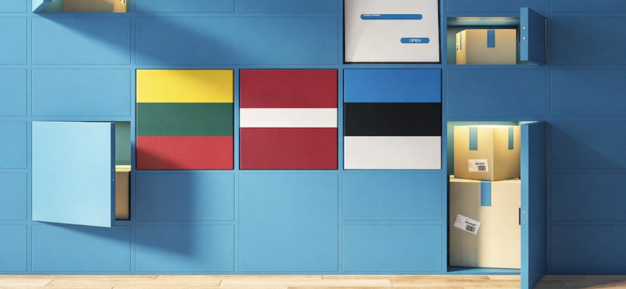 Ilustracja graficzna paczkomatu w wizerunkiem barw narodowych Litwy, Łotwy i Estonii