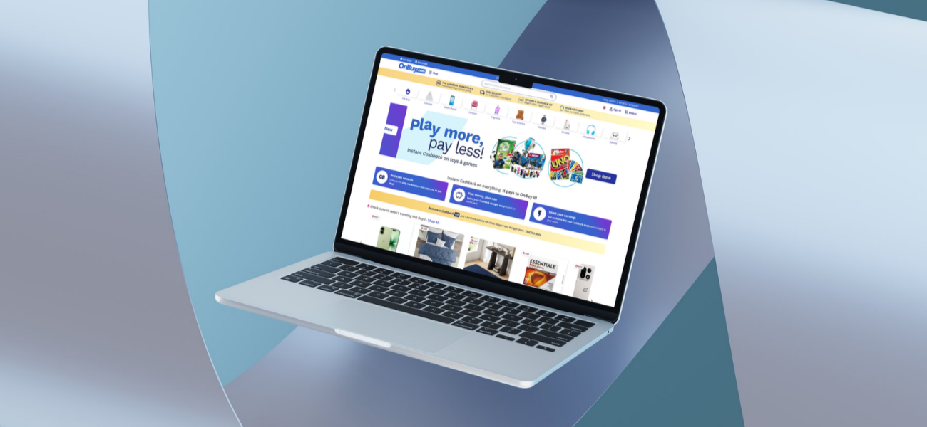 grafika z laptopem wyświetlającym stronę onbuy.com na niebieskim tle